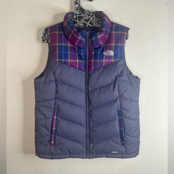 North Face Sheka Down Purple Plaid Puffer Vest size medium - Picture 1 of 4